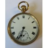 Anonymous, a 9 carat gold open faced pocket watch, the unsigned white enamel dial with black Roman