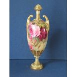 A Royal Worcester covered vase, decorated with roses by Sedgley, finial broken, shape H179, circa