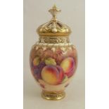 A Royal Worcester crown top pot pourri, decorated all around with hand painted fruit by P Platt,