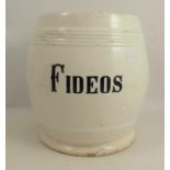 A  white glazed barrel shaped pot, marked Fideos, possibly an Italian pasta pot, height 11.