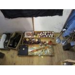 Two boxes containing men's shoes, tailor's equipment, and stands, originally from Brays store,