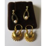 A pair of 9 carat gold cultured pearl earrings, together with a pair of Victorian style earrings,