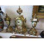 A 20th century French style clock garniture, with porcelain panels decorated with a lady and