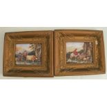 A pair of rectangular porcelain plaques, painted with figures and animals within a landscape, in