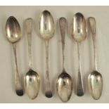 Six mid 18th century silver feather edge dessert spoons, two engraved with initials, one with a