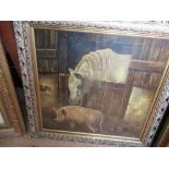 19th century school, oil on canvas, a barn interior scene with a grey horse overlooking a stable