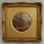 A Royal Worcester circular porcelain plaque, decorated with a cock and hen pheasant in landscape