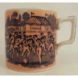 A Victorian Staffordshire blue and white transfer printed beer mug, the back and front with a