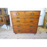 A 19th century two section military/campaign chest, with brass fittings, fitted with five drawers,