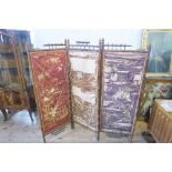 A late 19th century Aesthetic Movement bamboo three fold screen, with embroidered silk panels, the
