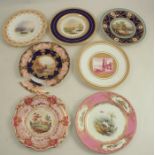 A collection of seven assorted English porcelain plates, decorated with flowers and landscapes, a