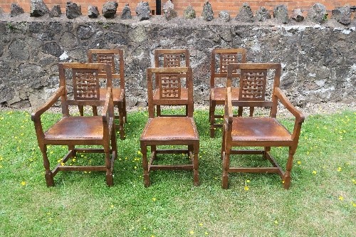 A set of six (4 +2) dining chairs, by Eagleman, apprentice to 'Mouseman', with lattice back and