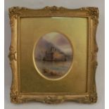 A Royal Worcester oval porcelain plaque, decorated with a view of Kilchurn Castle by J Stinton,