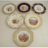 A collection of six assorted English porcelain plates, decorated with flowers and landscapes, to