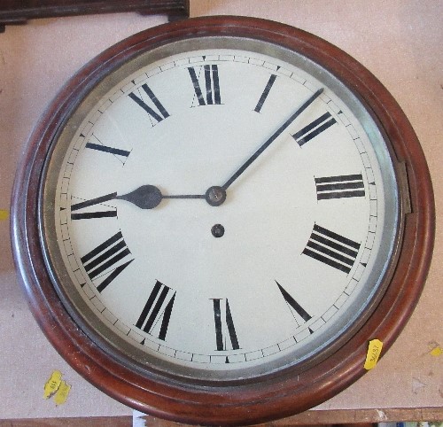 A 19th century mahogany cased circular wall clock, with painted dial, diameter of dial 11ins