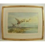 W E Powell, colour print, Over the Salt Flats, ducks in flight, 12.5ins x 18.5ins