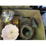 A box of assorted items to include a brass propeller