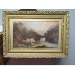 A 19th century oil on canvas, landscape with goats, stream and bridge, 11.5ins x 20ins