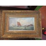 19th century, oil on board, sailing boats hauling in the catch, indistinctly signed, 4.5ins x 8.