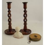 A pair of oak barley twist candlesticks, height 12ins, together with a Victorian bust of a girl