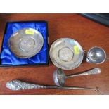 A collection of hallmarked silver, to include two dished set with Russian coins, a button hook, a