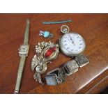 A collection of costume jewellery, to include a watch, brooches, bracelet and a stop watch