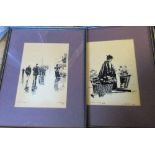 John Wheatley, two ink drawings, Rainy Day 1895 and Flower Seller 1905, dated 1981, 9.75ins x 7ins
