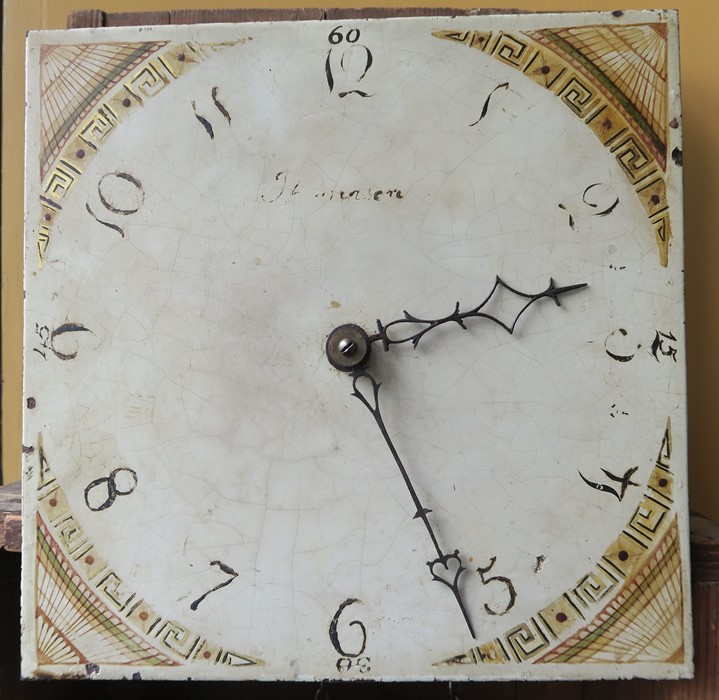 An oak long case clock, having square painted dial, indistinctly signed, dial 11ins x 11ins - Image 2 of 4