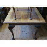 A square oak table, raised on cabriole legs, 36ins x 36ins, height 30ins