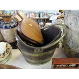 A 19th century coopered coal scuttle, with brass band and swing handle, together with a pair of