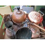A box of metalware, to include copper kettle, jug, funnels, etc.
