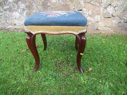 A Victorian mahogany stool, with Berlin woolwork top, raised on cabriole legs, 16ins x 15ins x - Image 2 of 2