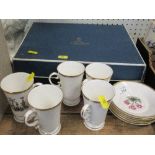 Five Royal Worcester chocolate cups and saucers decorated with flowers, together with boxed Royal