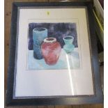 Still life study of pots, signed, 1993, 12ins x 12ins, together with an ink drawing, 11ins x 8ins