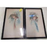 L Chell, pair of watercolour portraits of woman, 8ins x 4.5ins, together with a 20th century oil on