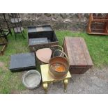 Two tin trunks, deed box, footman, and other metalware