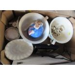 A mixed box of ceramics, to include two Royal Doulton chamber pots, a jelly mould etc