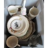 A box of commemorative items, to include Queen Victoria pressed glass plates, cups and saucers and