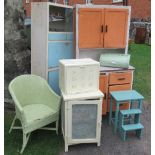 Two kitchen cabinets, two food cabinets, stool, lloyd loom type chair, bread bin, etc