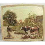 James Brindle, oil on artist board, The Pond, cattle watering, 19.5ins x 23.5ins