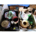 Two boxes of mixed ceramics and glass, to include a Spode teapot, Sylvac, biscuit barrel jugs etc
