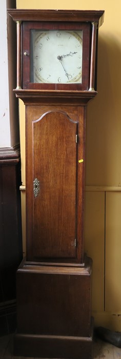 An oak long case clock, having square painted dial, indistinctly signed, dial 11ins x 11ins
