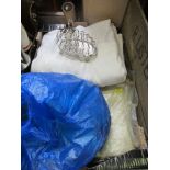 A box of assorted linen, table cloths, together with silver plated items