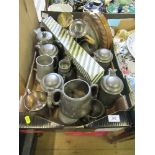 A box of assorted metalware to include pewter, barometer, etc.