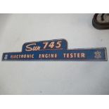 A painted sign for the Sun 745 Electric Engine Tester, on a blue ground, width 32ins
