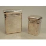Two silver boxes, one of square form, the other rectangular, both with hinged lids, London 1907,