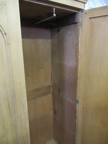 A late 19th century pine wardrobe, width 43ins, Max width at top cornice is 47ins, depth 21.5ins and - Image 2 of 2