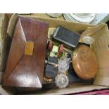 A box of sundries, to include a tea caddy, copper sauce pan, model car etc