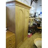 A late 19th century pine wardrobe, width 43ins, Max width at top cornice is 47ins, depth 21.5ins and