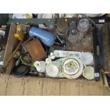 A box to include silver plated dressing table set, china, etc.